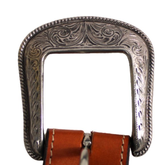 3D Hand Tooled Brown Leather & Silver Tone Western Person of Faith Belt,… - Picture 6 of 8